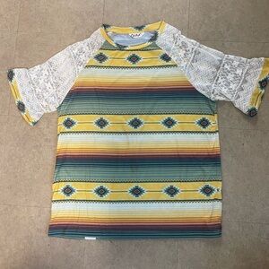 Western / Aztec Colorful Striped Top with Lace Sleeves